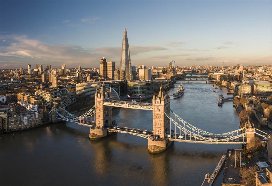 Aerial view of Tower Bridge over the River Thames, London
